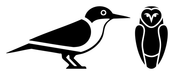 Vector Stylized avian depict a woodpecker and an owl in a minimalist .