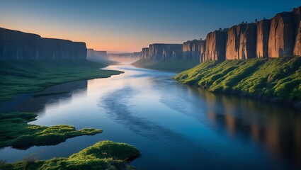 Scenic River Flows Through Canyon with Lush Greenery at Sunset
