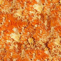 Seamless 4k photo texture of baked sweet bun crust with crisps.
