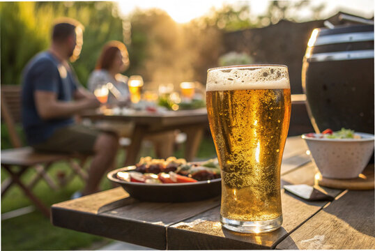 Beer in a chilled glass. Barbecue, BBQ, happy family. Socializing. Local beer. Craft beer. SUMMER EVENT