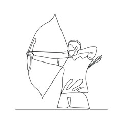 Continuous line drawing of male archery sport athlete or hunter holding archer arrow. Editable stroke sketch art vector illustration