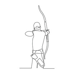 Continuous line drawing of male archery sport athlete or hunter holding archer arrow. Editable stroke sketch art vector illustration
