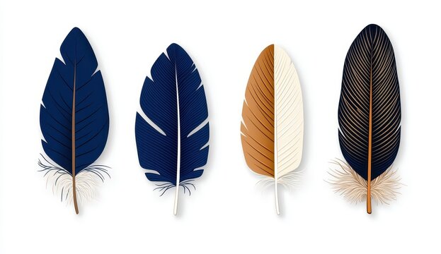 Four Stylish Feathers in Blue Brown and Cream on a White Background - Powered by Adobe