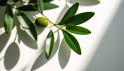 Fresh Green Olive Branch With Leaves and Fruit Resting on Light Surface in a Sunlit Setting