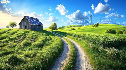 clipart illustration of a green farm using solar panels on barn rooftops surrounded by lush crops wind turbines in the distance eco-friendly marketing visual