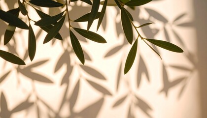 Shadows of Olive Leaves Cast on a Serene Wall During Golden Hour Light in a Tranquil Space