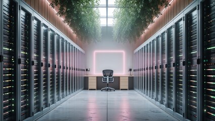 Modern Data Center: Server room illuminated by neon and greenery, creating a balanced atmosphere