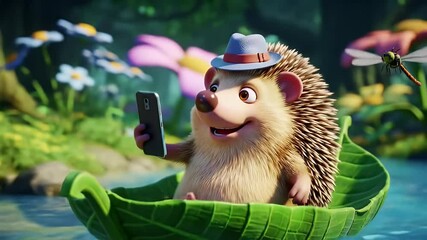 Animated hedgehog in a leaf boat with phone - Powered by Adobe