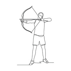 Continuous line drawing of male archery sport athlete or hunter holding archer arrow. Editable stroke sketch art vector illustration