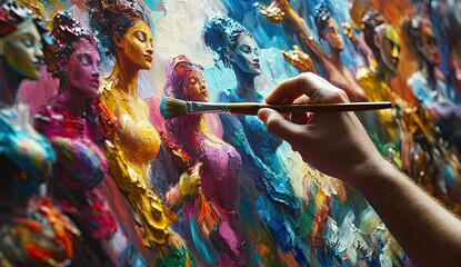 Artist applying vibrant paint to a large canvas featuring diverse female figures