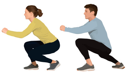 Obraz premium The image shows a man and a woman performing squats against a white background. Both individuals are wearing athletic apparel; the woman is wearing a yellow long-sleeved shirt and dark pants