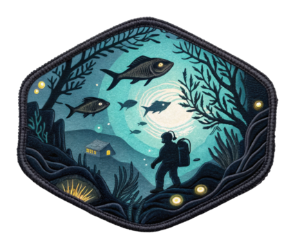 Underwater exploration adventure ocean depths digital mystical environment diver's perspective. Patch concept png