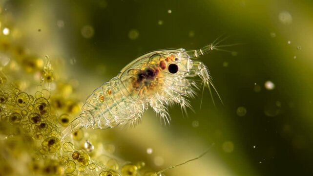 Microscopy footage: Copepod (aquatic crustacean) floats. Detailed view of translucent body, eye, antennae, internal organs in green particle-rich water.