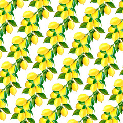 Watercolor Hand Painted Lemons and Lemon Slices Seamless Pattern. Spring, Summer Concept Background.