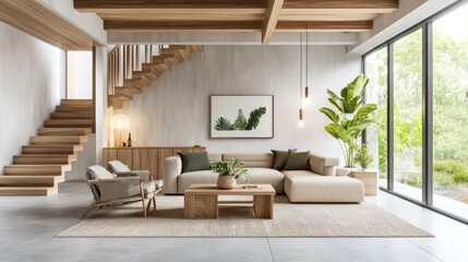 Fototapeta premium Bright, modern living room with wooden staircase and natural light