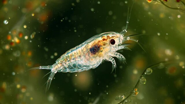 Microscopy footage: Copepod (aquatic crustacean) floats. Detailed view of translucent body, eye, antennae, internal organs in green particle-rich water.
