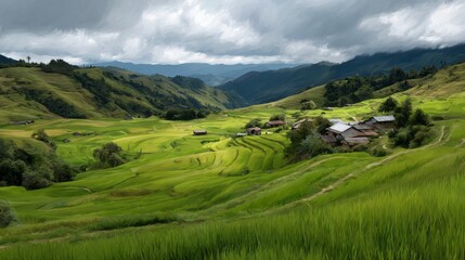 Fototapeta premium Serene Green Rice Terraces Mountain Village Landscape Scenic View Lush Fields Tranquil Nature Asian Countryside Rural Homes Picturesque Scenery Breathtaking Panorama Beautiful Hills Verdant Valley 