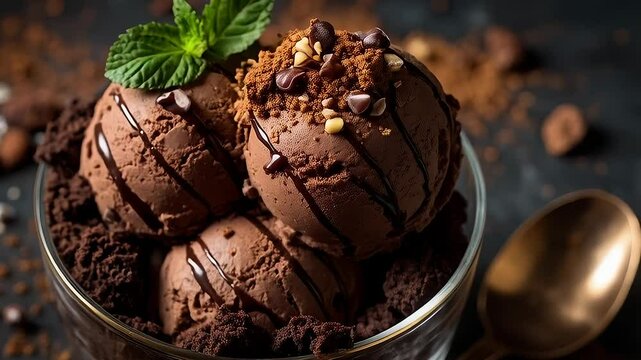  Chocolate Ice Cream Dessert.  A delectable dessert featuring three scoops of rich chocolate ice cream in a clear glass bowl. The ice cream is drizzled with chocolate syrup and adorned with bits 