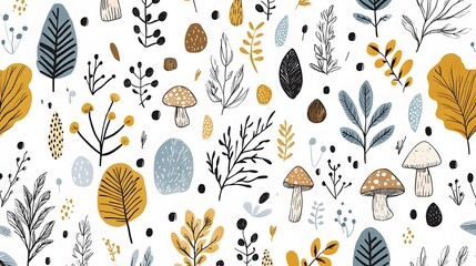Autumn Forest Seamless Pattern, Mushrooms, Leaves, and Branches