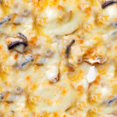 Seamless 4k photo texture of pizza with champignon mushrooms.