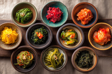 Flat lay of colorful banchan (Korean side dishes) in mismatched ceramic bowls, arranged on linen cloth.