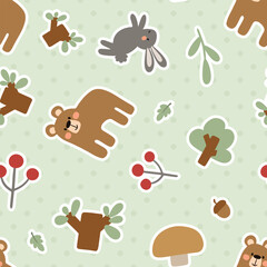 Cute hand-drawn teddy bears forest animals with bunny on a polka dot texture mint green background, berries, mushrooms, trees, leaves seamless woodland pattern.