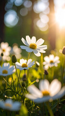 Daisies Bloom in Sunlight With a Soft Focus on Delicate Petals in a Tranquil Garden Setting During Springtime