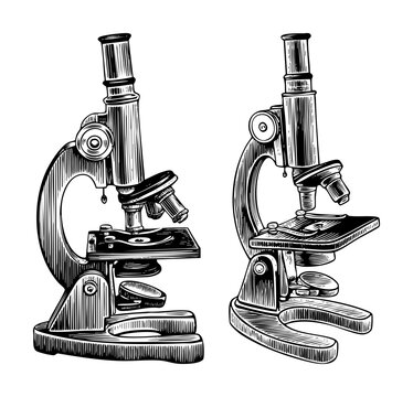 Vector Detailed illustrations of vintage microscopes showcase scientific equipment.