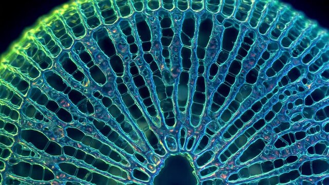 Microscopy footage: Glowing diatom (centric algae) showcasing intricate silica frustule. Translucent blue/green radial web structure. Science, biology. Zooming.