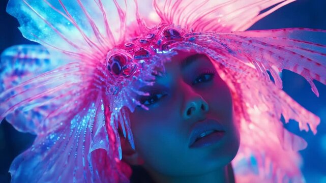 Mystical woman portrait with fantasy headdress in pink and blue light backdrop