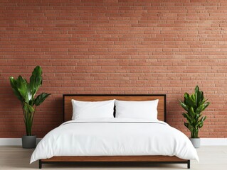 Minimalist loft bedroom with red brick walls and steel bedframe, modern industrial calm