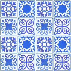 Watercolor Mediterranean Amalfi Coast Seamlesspattern. Ceramic tile. Portuguese, Sicilian, Spanish tile traditional design. Backdrop for wrapping paper, wallpaper, fabric, textile.
