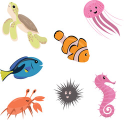 Set of fish and wild marine animals living on coral reef isolated on white background. Flat cartoon illustrations.