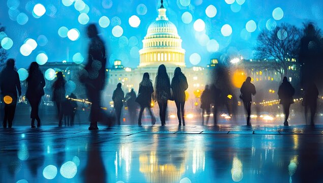 Crowds on a wet night near a capitol building