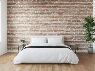Open bedroom loft with raw brick and minimal furnishings, modern industrial serenity