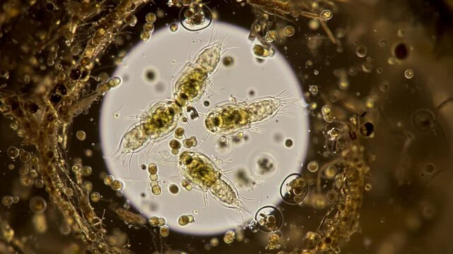 Microscopy: Rotifers (wheel animalcules) and colonial green algae (e.g., Volvox) in dynamic spiral. Active aquatic microorganisms, detailed view, phase contrast.