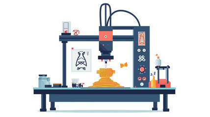 A digital illustration depicts a 3D printer in operation within a laboratory setting. The printer is shown in a stylized, slightly cartoonish manner, featuring a dark blue base and orange accents.