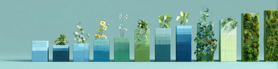 Eco-Growth Visualization: 3D Vertical Bar Graph with Blue Columns Representing Sustainable Progress. Abstract Commercial Background Featuring Floral Elements and Verdant Towers Symbolizing Environment