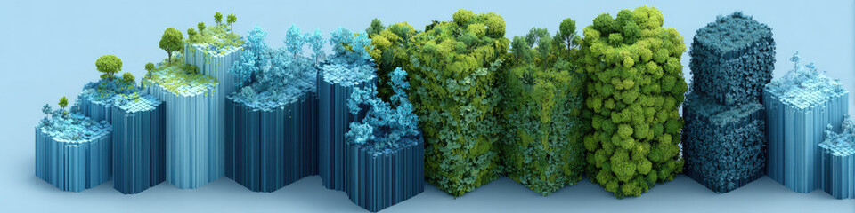 Eco-Growth Visualization: 3D Vertical Bar Graph with Blue Columns Representing Sustainable Progress. Abstract Commercial Background Featuring Floral Elements and Verdant Towers Symbolizing Environment