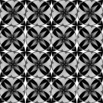 A seamless abstract black and white geometric pattern featuring curved lines and symmetrical flower-like shapes. Perfect for modern textile prints, wallpapers, backgrounds, and digital design projects
