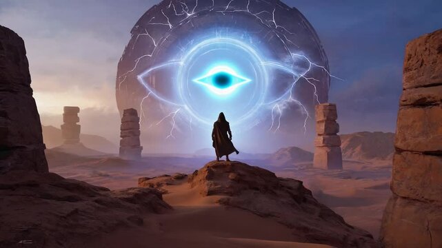 A cloaked figure glowing eyes edge ancient stone bridge, celestial portal sky. portal future past worlds futuristic cities, burning forests, medieval battles gears. Surreal deep blues golds, cinematic