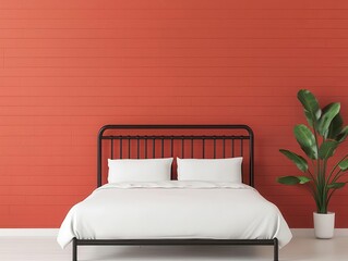 Minimalist loft bedroom with red brick walls and steel bedframe, modern industrial calm