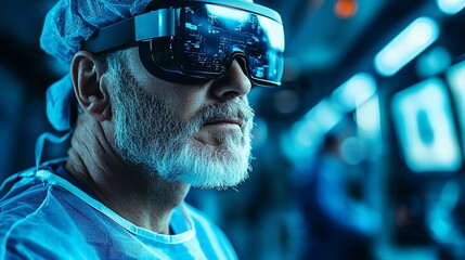Surgeon wearing VR headset in operating room