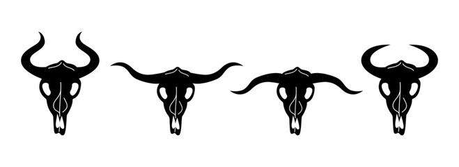 Wild West set. Collection of groovy cute funky hippie boho illustration elements of cow skulls black silhouettes. Western stickers