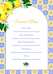 Watercolor summer menu with yellow lemons and flowers on blue tiles background in Italian style