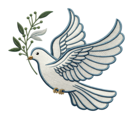Symbolic dove with olive branch nature scene embroidery art serenity peace representation. Patch concept png