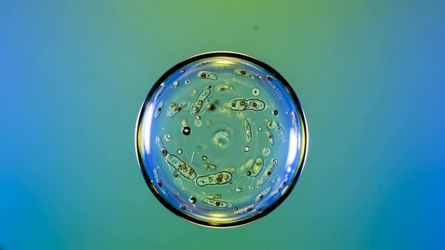 Microscopy: Diverse active protists (flagellates, ciliates, heliozoan) swim in water droplet. Green/yellow internals, bubbles. Real footage, blue background.