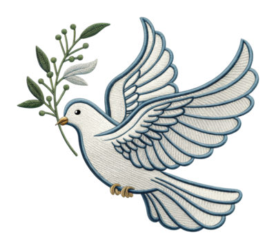 Symbolic dove with olive branch nature scene embroidery art serenity peace representation. Patch concept png