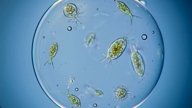 Microscopy: Diverse active protists (flagellates, ciliates, heliozoan) swim in water droplet. Green/yellow internals, bubbles. Real footage, blue background.