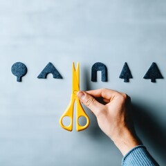 kids art craft and collage concept. Hand holding scissors with cut-out shapes on a blue background.